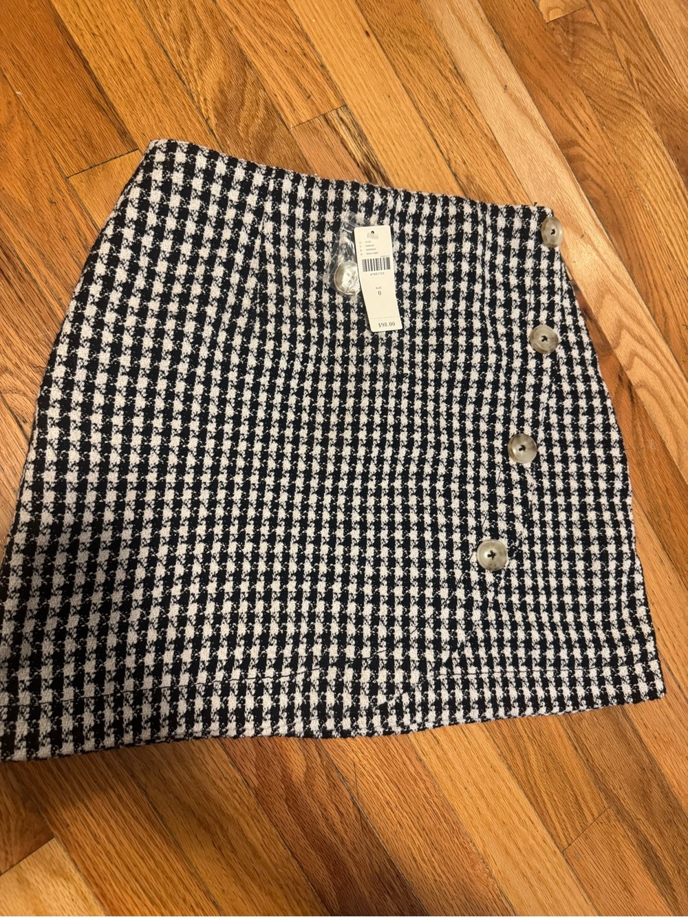 Maeve Black & White Houndstooth Mini Skirt with Side Buttons